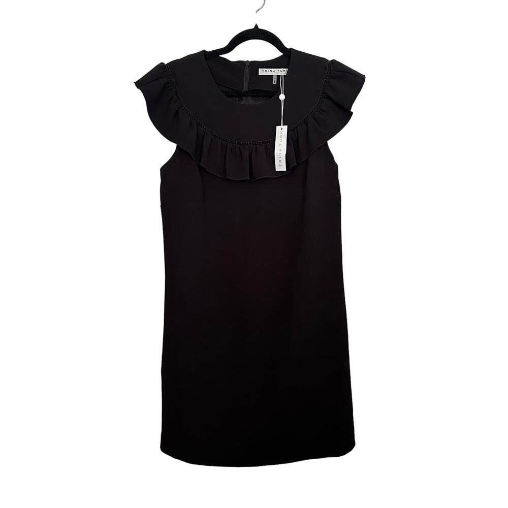 Trina TurkDress Black Ruffled Knee Length Crepe Shift LBD Women’s Size 8 NWT